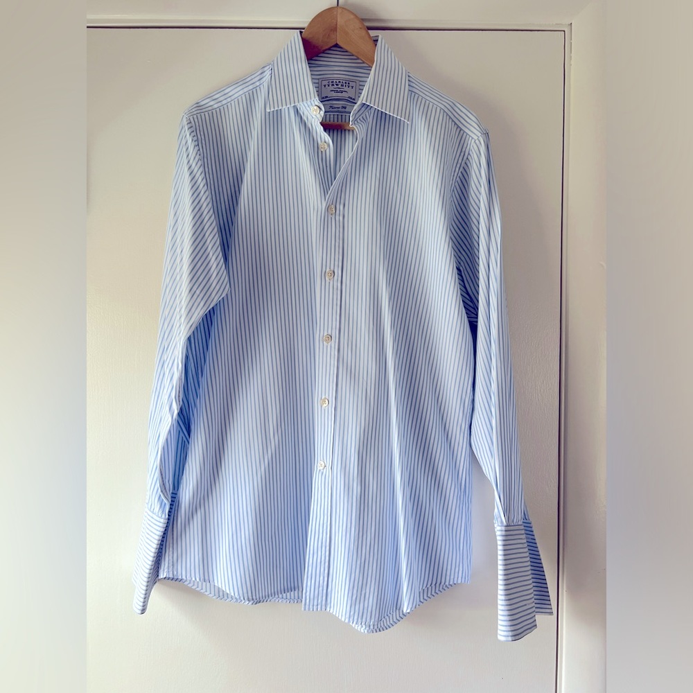 Charles Tyrwhitt Men’s Blue White Stripe Button Down Dress Shirt Cuff Links